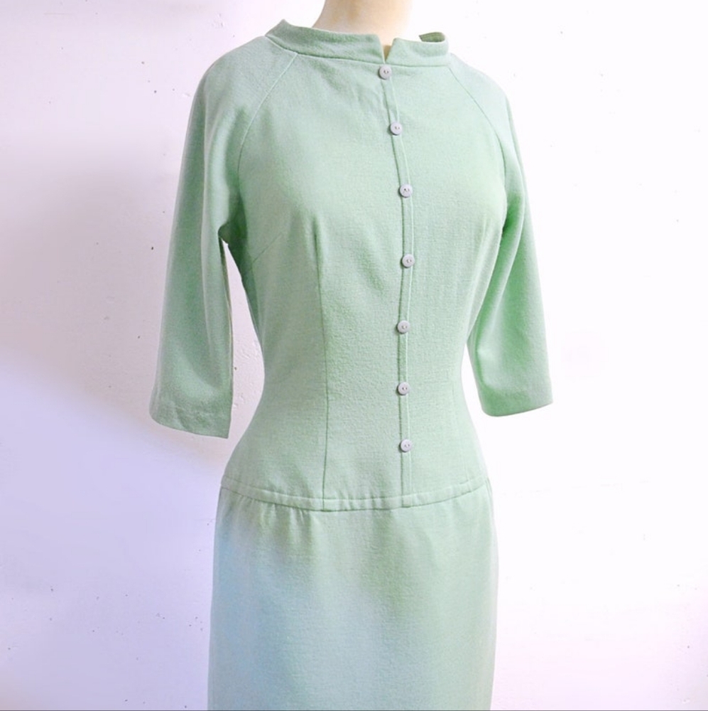 1950s vintage seafoam green wool funnel neck wiggle dress